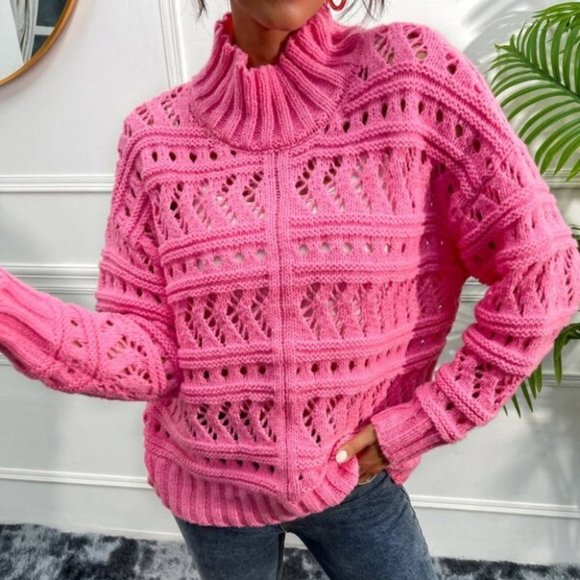 Open Knit High Neck Drop Shoulder Sweater - Picture 2 of 6